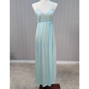 Vintage 70s Gilead Lace Maxi Nightgown Blue Nylon Surplice Empire Waist Petite